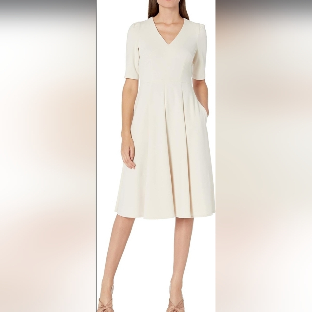 Donna Morgan Cream Midi Dress with V-Neck